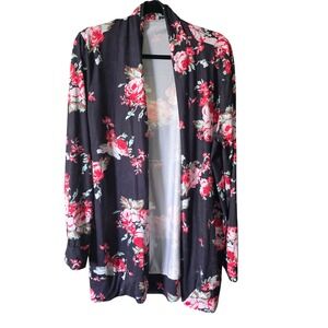 ECOWISH Floral Print Open Front‎ Long Sleeve Cardigan Womens XXL Black Red Roses